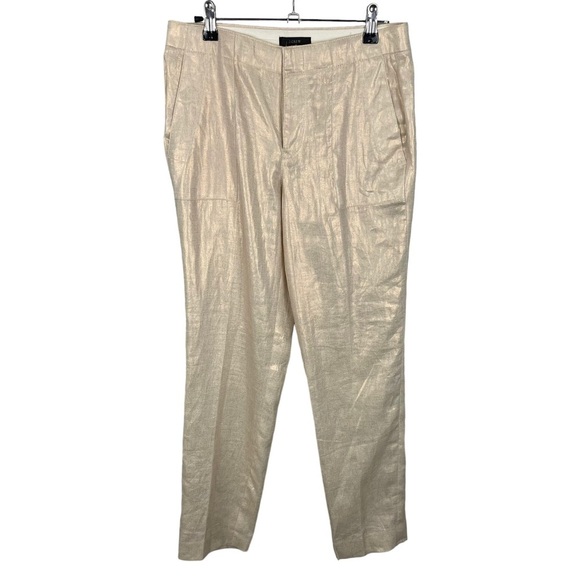 NWT J. Crew Ivory Bronze Metallic 100% Linen Garden Pants - Picture 2 of 8